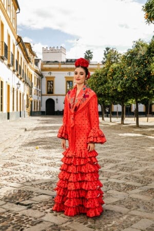 Vestido de gitana color naranja lunar negro modelo Eugenia colección de Errepé