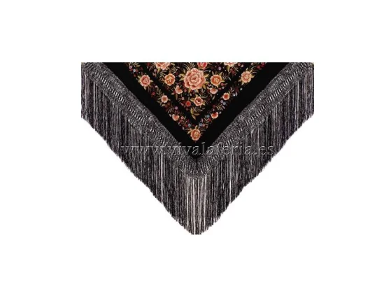 刺繡とラティスフリンジブラックのマニラシルクショール