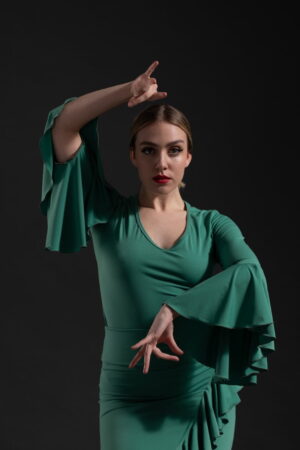  purple flamenco top with 3/4 sleeves and ruffles