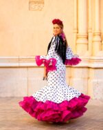 フラメンコドレス 黒と白の花柄 フラメンコ衣装 ワンピース 花柄レース アメリカンスリーブ 花柄