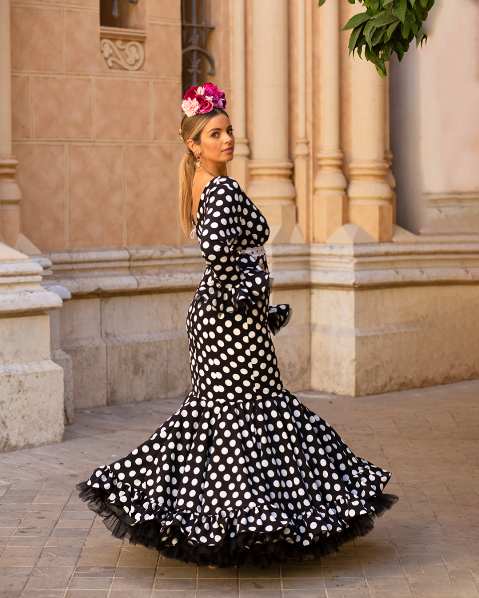 ジプシードレス、プリンセスモデル、黒地に白の水玉模様 - フェア万歳