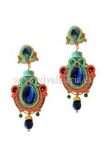 Pendientes bisutería flamenca azules y coral con crital azul índigo