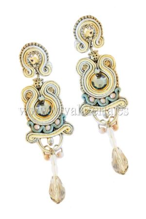 Pendientes de bisuter&iacute;a flamenca largos plata, azul y dorado con l&aacute;griam de cristal