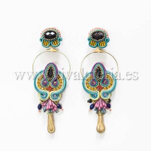Pendientes bisutería flamenca originales tonos azules y modaros adornos metálicos
