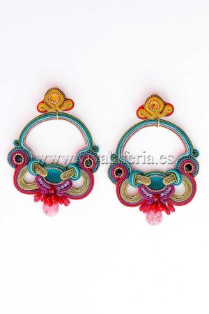 Pendientes bisutería flamenca de aro turquesa malva y naranajas con piedras