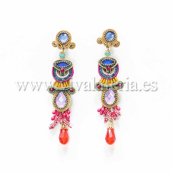 Pendientes bisutería flamenca largos amarillos y rojos con lágrima de cristal