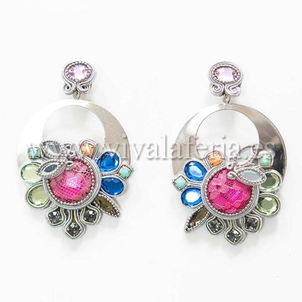 Pendientes bisutería flamenca aros plateado y adornos de piedra