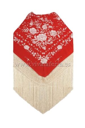 Mantón flamenco rojo con bordados y flecos en beige