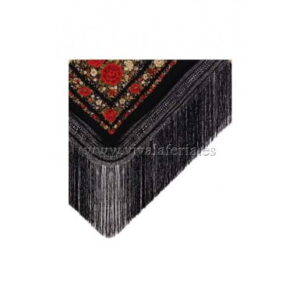 Mantón de manila seda natural bordado rosas soja y fondo negro con flecos