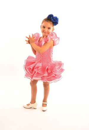 Traje de gitana corto para niña rojo fucsia blancos modelo Cayetana