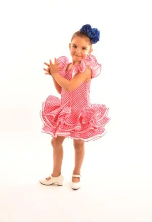 Traje de gitana corto para niña rojo fucsia blancos modelo Cayetana