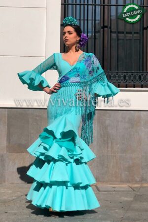 Traje de flamenca barato color Verde Agua modelo Corín
