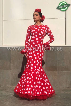 Traje de flamenca barato rojo lunar blanco modelo Reina
