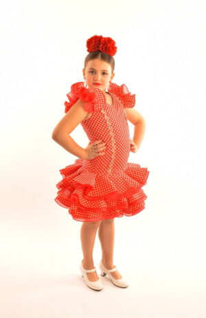 Vestido de flamenca corto para ni&ntilde;a rojo lunares blancos modelo Cayetana