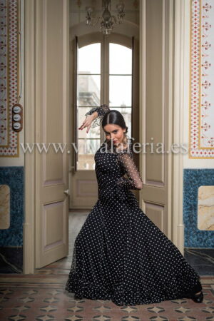 Abito da ballo flamenco nero con pois bianchi modello Carcans