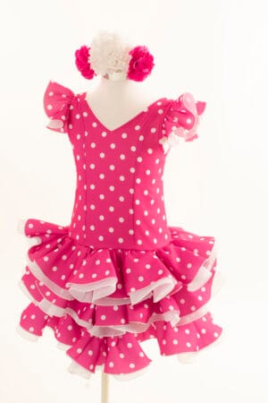 Vestido Flamenca Corto Niña - Fucsia Lunares Blancos - Modelo Clara