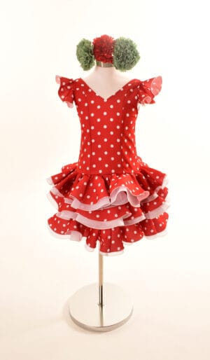 Vestido Flamenca Corto Niña - Rojo Lunares Blancos - Modelo Clara