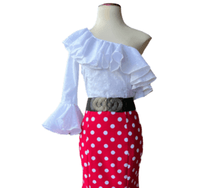 Blusa flamenca blanca perforado con una manga y volante en escoste